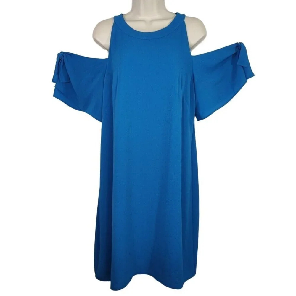 London Times Blue Cold Shoulder Swing Shift Dress Women Size 12 Knee Length